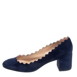 Pre Owned Chloe Blue Suede Lauren Scallop Trim Block Heel Pumps Size 35.5