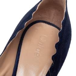 Pre Owned Chloe Blue Suede Lauren Scallop Trim Block Heel Pumps Size 35.5