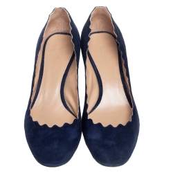 Pre Owned Chloe Blue Suede Lauren Scallop Trim Block Heel Pumps Size 35.5