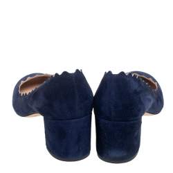 Pre Owned Chloe Blue Suede Lauren Scallop Trim Block Heel Pumps Size 35.5