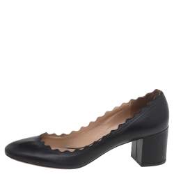 Pre Owned Chloé Black Leather Lauren Scalloped Block Heel Pumps Size 38.5