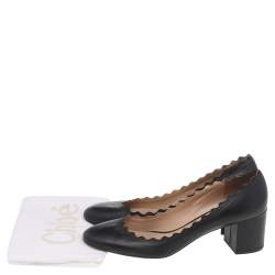 Pre Owned Chloé Black Leather Lauren Scalloped Block Heel Pumps Size 38.5