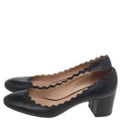 Pre Owned Chloé Black Leather Lauren Scalloped Block Heel Pumps Size 38.5