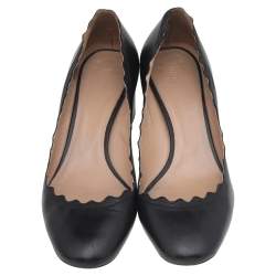 Pre Owned Chloé Black Leather Lauren Scalloped Block Heel Pumps Size 38.5