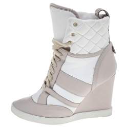 Pre Owned Chloe Light Pink/White Leather And Fabric Quilted High Top Wedge Sneakers Size 37