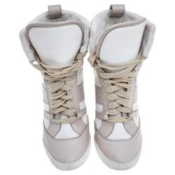 Pre Owned Chloe Light Pink/White Leather And Fabric Quilted High Top Wedge Sneakers Size 37