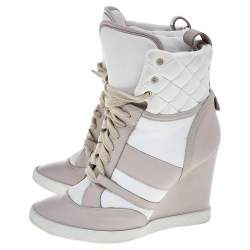 Pre Owned Chloe Light Pink/White Leather And Fabric Quilted High Top Wedge Sneakers Size 37