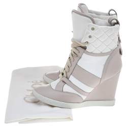 Pre Owned Chloe Light Pink/White Leather And Fabric Quilted High Top Wedge Sneakers Size 37
