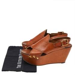 Chloe Tan Leather Criss Cross Platform Wedge Sandals Size 38.5