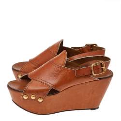 Chloe Tan Leather Criss Cross Platform Wedge Sandals Size 38.5