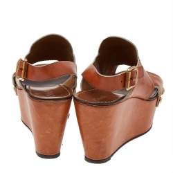 Chloe Tan Leather Criss Cross Platform Wedge Sandals Size 38.5