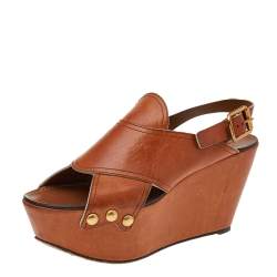 Chloe Tan Leather Criss Cross Platform Wedge Sandals Size 38.5