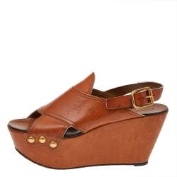 Chloe Tan Leather Criss Cross Platform Wedge Sandals Size 38.5