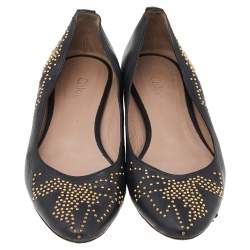 Pre Owned Chloe Black Leather Anatolia Studded Ballet Flats Size 37.5
