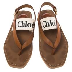 Pre Owned Chloe Logo-Print Canvas And Leather Flat Sandals Size 38