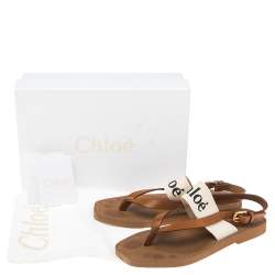 Pre Owned Chloe Logo-Print Canvas And Leather Flat Sandals Size 38