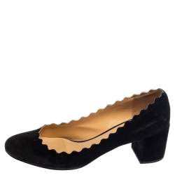 Pre Owned Chloe Black Suede Lauren Scallop Trim Block Heel Pumps Size 40