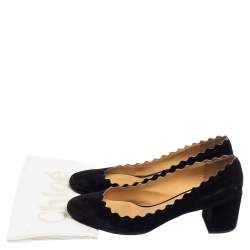 Pre Owned Chloe Black Suede Lauren Scallop Trim Block Heel Pumps Size 40