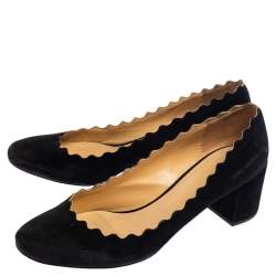 Pre Owned Chloe Black Suede Lauren Scallop Trim Block Heel Pumps Size 40