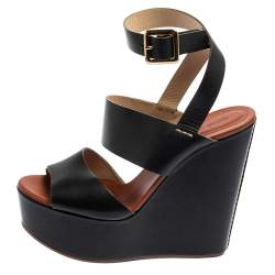 Chloe Black Leather 'Central' Platform Wedge Sandals Size 38.5