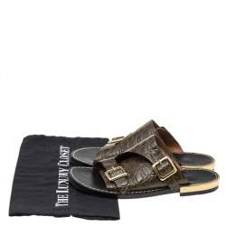 Pre Owned Chloe Olive Green Croc Embossed Leather Flat Sandals Size 36