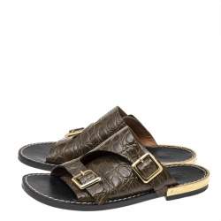 Pre Owned Chloe Olive Green Croc Embossed Leather Flat Sandals Size 36