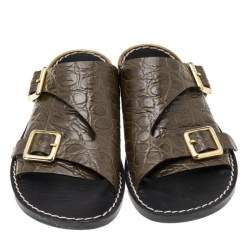 Pre Owned Chloe Olive Green Croc Embossed Leather Flat Sandals Size 36