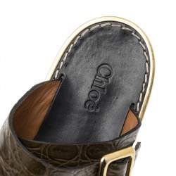 Pre Owned Chloe Olive Green Croc Embossed Leather Flat Sandals Size 36