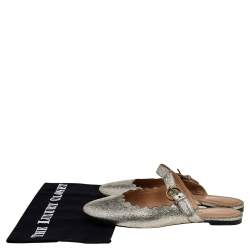 Pre Owned Chloe Gold Foil Leather Lauren Buckle Strap Flat Mules Size 39.5