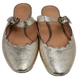 Pre Owned Chloe Gold Foil Leather Lauren Buckle Strap Flat Mules Size 39.5