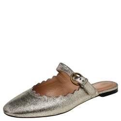 Pre Owned Chloe Gold Foil Leather Lauren Buckle Strap Flat Mules Size 39.5