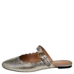 Pre Owned Chloe Gold Foil Leather Lauren Buckle Strap Flat Mules Size 39.5