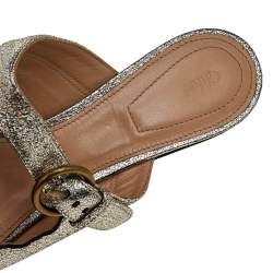 Pre Owned Chloe Gold Foil Leather Lauren Buckle Strap Flat Mules Size 39.5