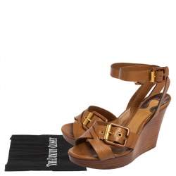 Pre Owned Chloe Brown Leather Crisscross Ankle-Strap Wooden Wedge Sandals Size 36