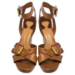 Pre Owned Chloe Brown Leather Crisscross Ankle-Strap Wooden Wedge Sandals Size 36