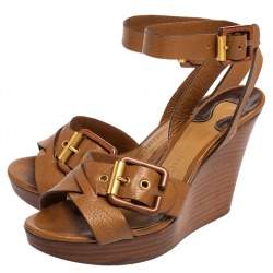 Pre Owned Chloe Brown Leather Crisscross Ankle-Strap Wooden Wedge Sandals Size 36
