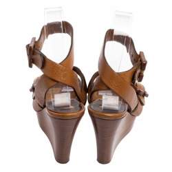 Pre Owned Chloe Brown Leather Crisscross Ankle-Strap Wooden Wedge Sandals Size 36