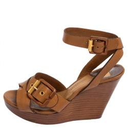 Pre Owned Chloe Brown Leather Crisscross Ankle-Strap Wooden Wedge Sandals Size 36