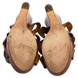 Pre Owned Chloe Brown Leather Crisscross Ankle-Strap Wooden Wedge Sandals Size 36