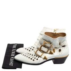 Pre Owned Chloe White Leather Cutout Studded Susanna Boots Size 38.5 