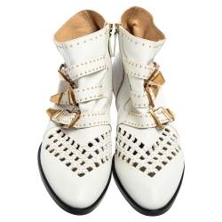 Pre Owned Chloe White Leather Cutout Studded Susanna Boots Size 38.5 