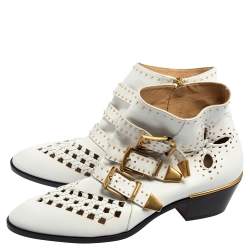Pre Owned Chloe White Leather Cutout Studded Susanna Boots Size 38.5 