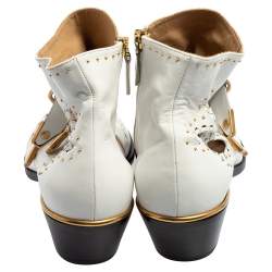 Pre Owned Chloe White Leather Cutout Studded Susanna Boots Size 38.5 