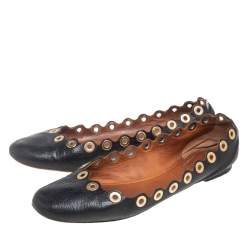 Pre Owned Chloe Black Leather Scalloped Grommet Ballet Flats Size 38