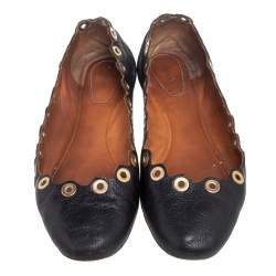 Pre Owned Chloe Black Leather Scalloped Grommet Ballet Flats Size 38