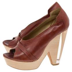 Pre Owned Chloe Brown Leather Lucite And Wood Chunky Heel Wedge Platform Peep Toe Pumps Size 37