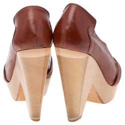 Pre Owned Chloe Brown Leather Lucite And Wood Chunky Heel Wedge Platform Peep Toe Pumps Size 37