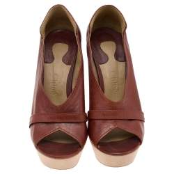 Pre Owned Chloe Brown Leather Lucite And Wood Chunky Heel Wedge Platform Peep Toe Pumps Size 37