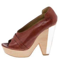 Pre Owned Chloe Brown Leather Lucite And Wood Chunky Heel Wedge Platform Peep Toe Pumps Size 37