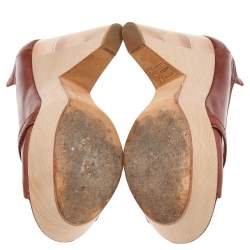 Pre Owned Chloe Brown Leather Lucite And Wood Chunky Heel Wedge Platform Peep Toe Pumps Size 37